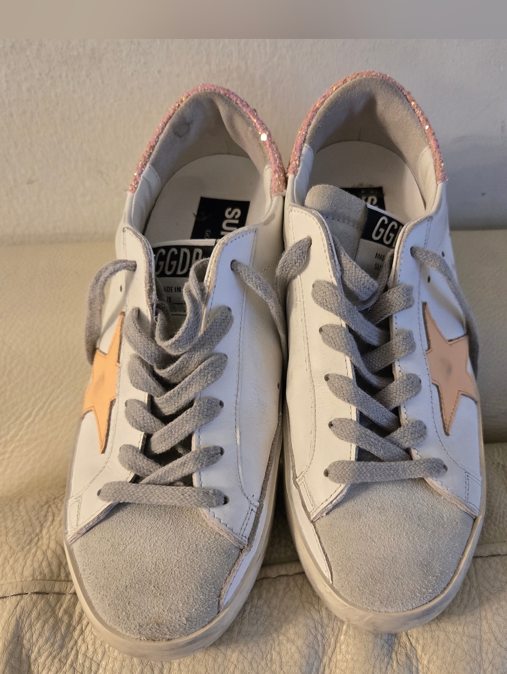 Golden Goose Women's White Leather Sneakers with Pink Star and Glitter Heel
